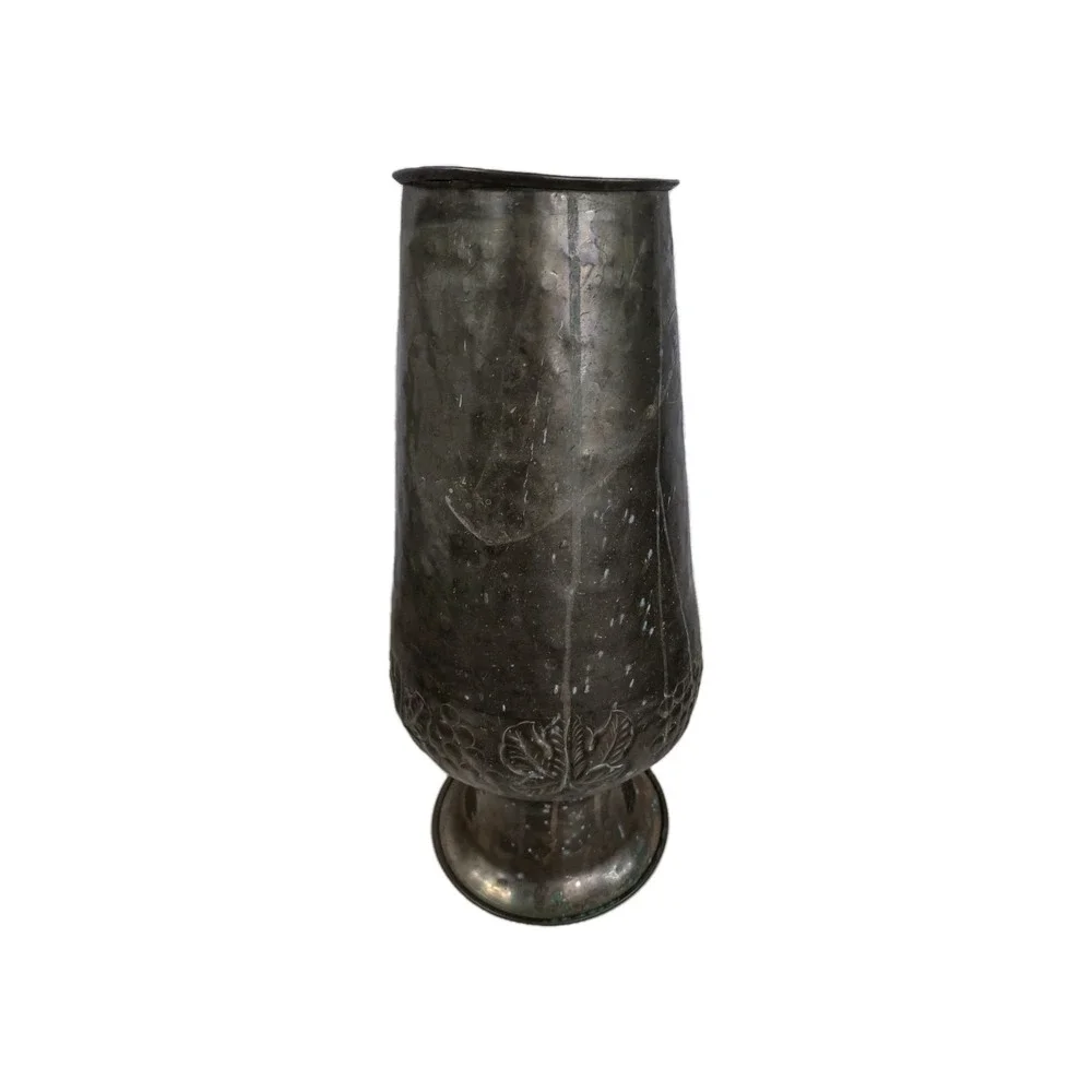Vintage Distressed Tall Brass Embossed Urn Vase Vessel India 14.5